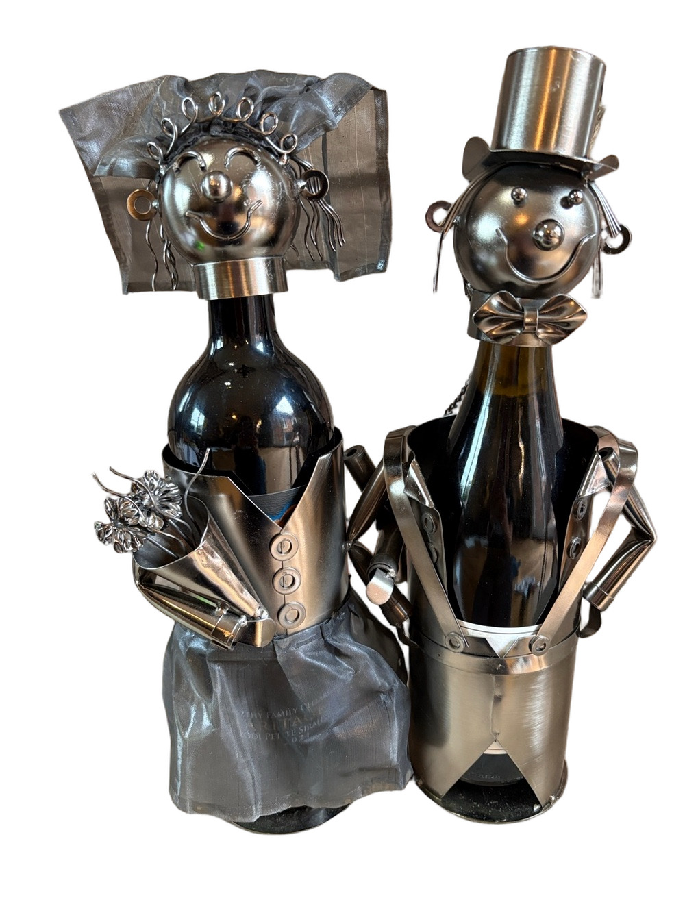 Metal Silver Bride and Groom Wine Bottle Holders - Decorative Home Dining Accent